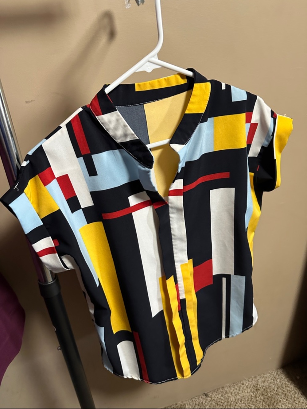 Geometric Print Short Sleeve Blouse - Yellow/Black